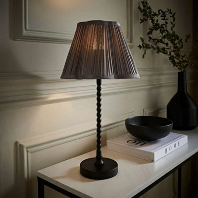 Image of ValueLights ValueLights Maeve Pleated Faux Silk Scallop Shade Matte Black Bobbin Bobble Table Lamp in Dark Grey Dark Grey One Size Unisex 505940606504