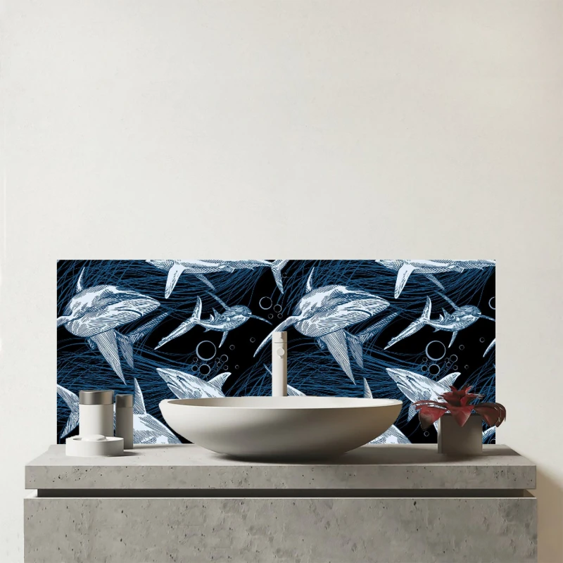 Image of Warren Reed - Designer Hand Drawn Shark Pattern Glass Bathroom Splashback in Blue Blue Unisex