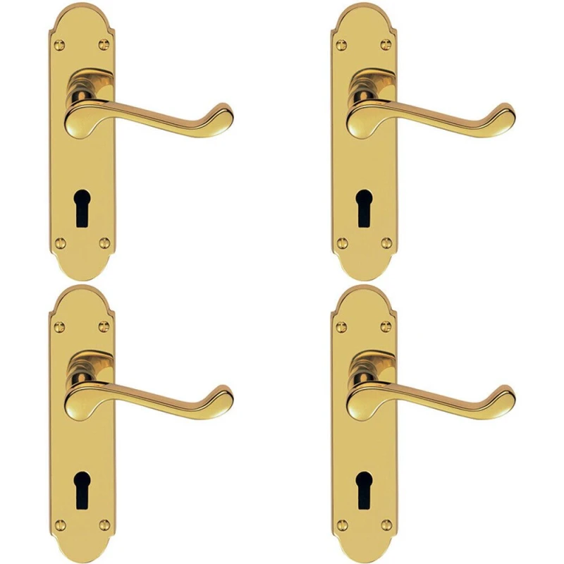 Image of Loops 4x PAIR Victorian Upturned Handle on Lock Backplate 170 x 42mm Polished Brass Metallics