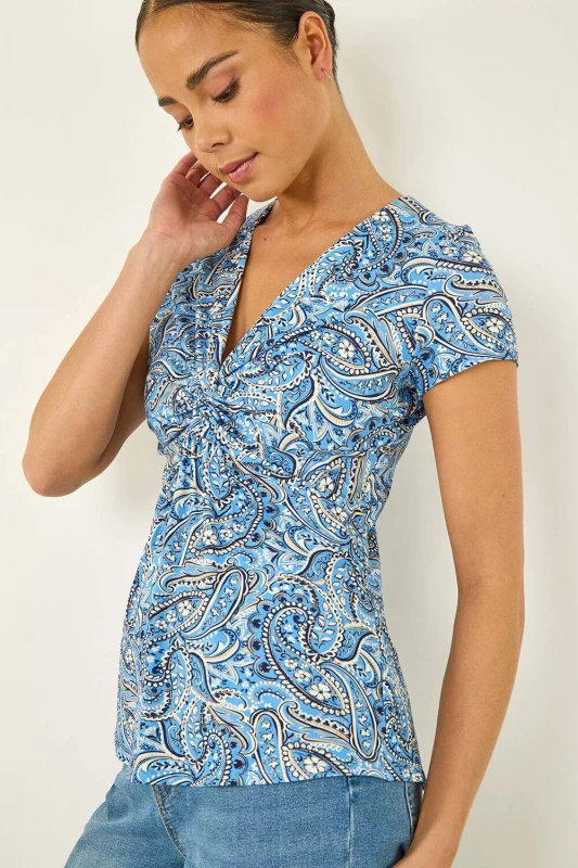 Image of Roman Womens Petite Abstract Twist Front Stretch Top in Blue Size: 14 Blue Female 14