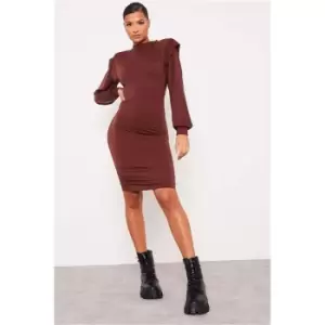 Image of I Saw It First Chocolate Shoulder Pad Long Sleeve Bodycon Dress - Brown