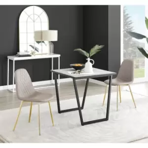 Image of Furniturebox UK - Furniturebox Carson White Marble Effect Square Dining Table & 2 Cappuccino Corona Faux Leather Dining Chairs with Gold Legs Diamond
