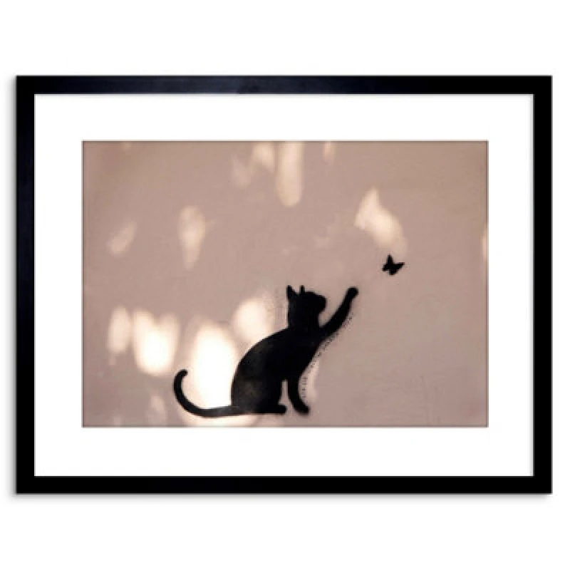 Image of Artery8 Wall Art Print Photo Cat Butterfly Silhouette Graffiti Artwork Framed 9X7 Inch