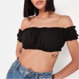 Image of Missguided Broderie Bardot Crop Top - Black