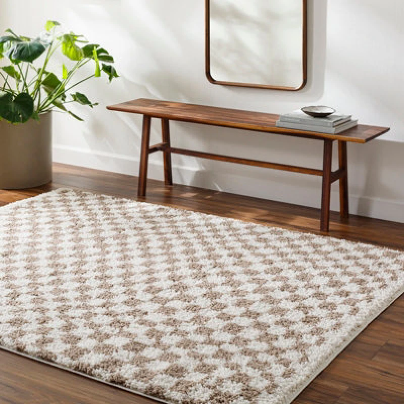 Image of Livabliss Shaggy Modern Plush Pile Light Brown Checkered Kittu Area Rug 160 X 213cm - Easy Care, Ideal For Living Room & Bedroom