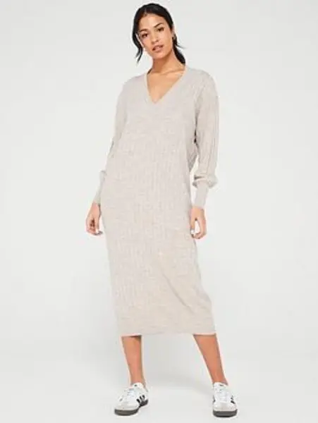 Image of Only Grey / Pumice Stone Tessa Midi V Neck Knitted Dress