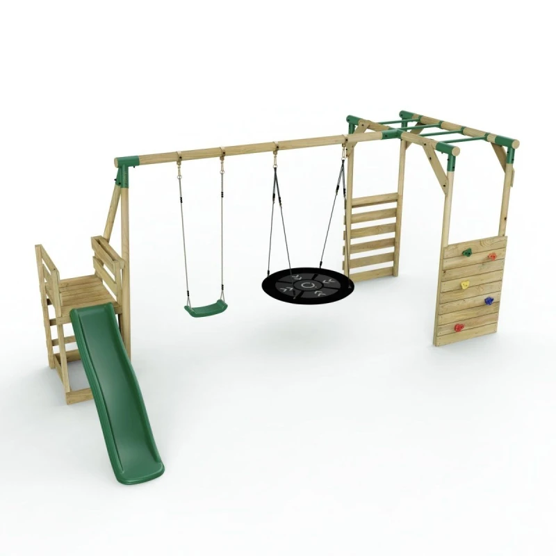 Image of Rebo Wooden Swing Set with Nest Swing, Monkey Bars and Slide - Meteorite Green Green