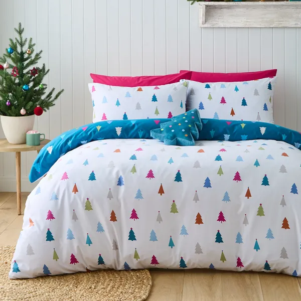 Image of Catherine Lansfield Christmas Tree Duvet Cover Bedding Set White