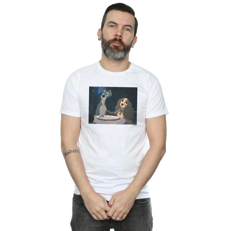 Image of Disney Men Lady And The Tramp Spaghetti Slurp T-Shirt in White Size: Small White S Male 5059114359134