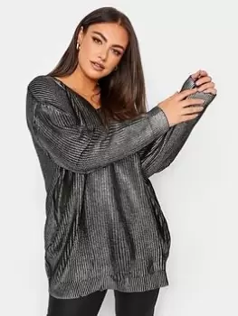 Image of Yours Yours Foil-printed V-neck Jumper, Black, Size 22-24, Women