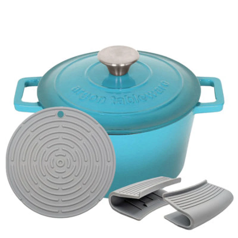 Image of Argon Tableware Round Cast Iron Casserole Dish - 2.8L Teal Enamel Finish, Oven Safe Dutch Oven Cookware With Lid