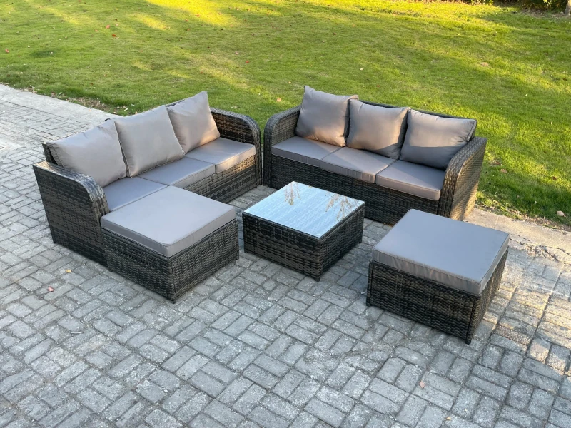 Image of Fimous Indoor Outdoor Rattan Garden Furniture 8 Seater Set Table Sofa Chair Patio Conservatory with Grey Cushions 2 Big Footstool Dark Grey unisex