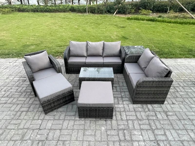 Image of Fimous Outdoor Garden Furniture Sets 7 Pieces Wicker Rattan Furniture Sofa Sets with Rectangular Coffee Table Loveseat Sofa 2 Big Footstool Side Table