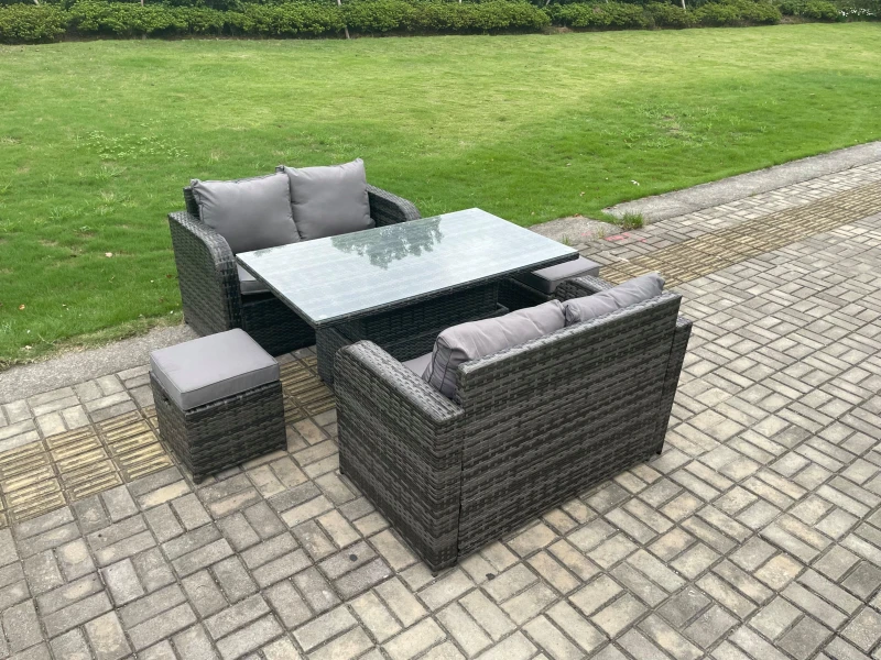 Image of Fimous Outdoor Rattan Furniture Garden Dining Set Height Adjustable Rising lifting Table Love Sofa Set With 2 Small Footstools Dark Grey