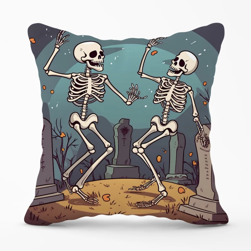 Image of Warren Reed - Designer Dancing Skeletons In A Graveyard Cushions in Black Size: 33cm x 48cm Black Unisex 33cm x 48 cm
