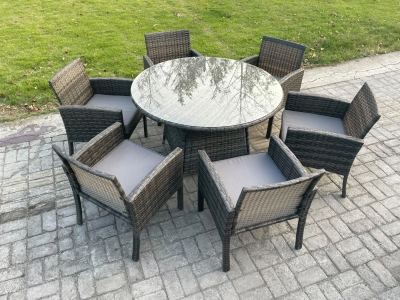 Image of Fimous Wicker PE Outdoor Rattan Garden Furniture Arm Chair & Table Dining Sets 6 Seater Large Round Table Dark Grey Mixed Dark Grey Unisex