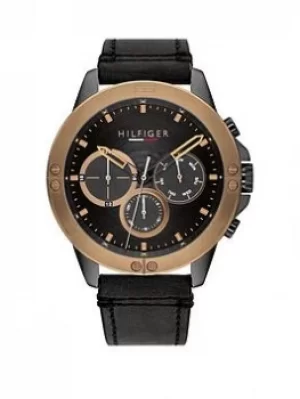 Image of Tommy Hilfiger Harley Black IP Case Black Leather Strap Watch, Black, Men