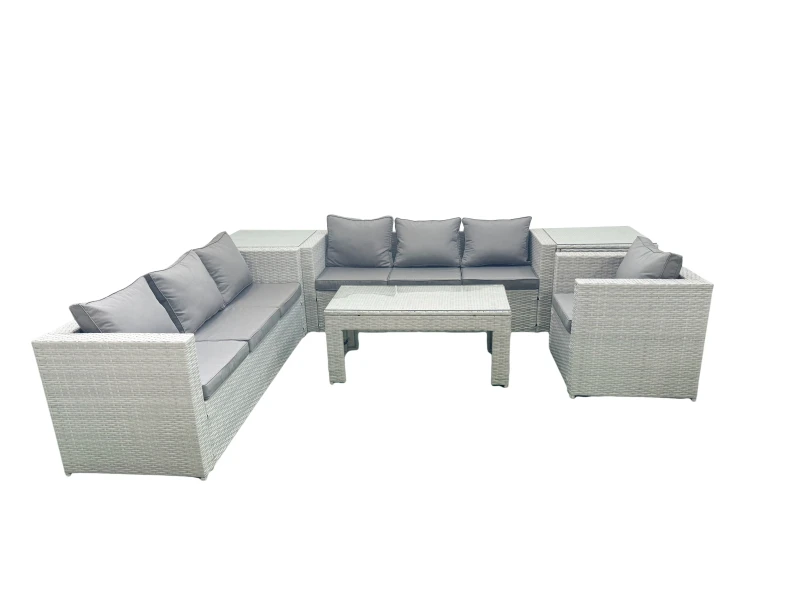 Image of Fimous Wicker PE Rattan Sofa Garden Furniture Set with Oblong Coffee Table Armchair 2 Side Tables Light Grey Mixed Light Grey
