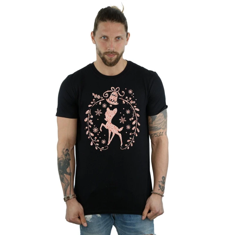 Image of Disney Men Bambi Christmas Wreath T-Shirt in Black Size: Small Black S Male 5057245990493