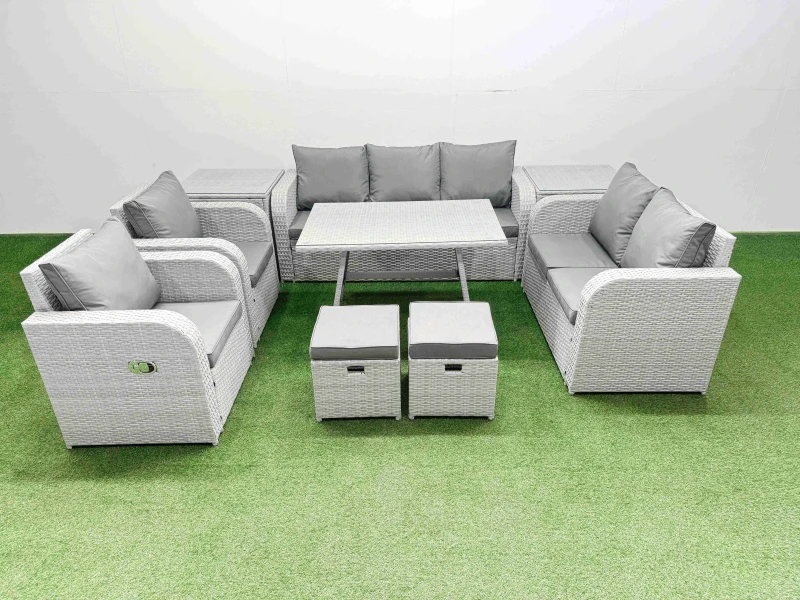 Image of Fimous Outdoor Rectangular Table Sofa Set with Reclining Chair 2 Side Table in Light Grey Light Grey Unisex