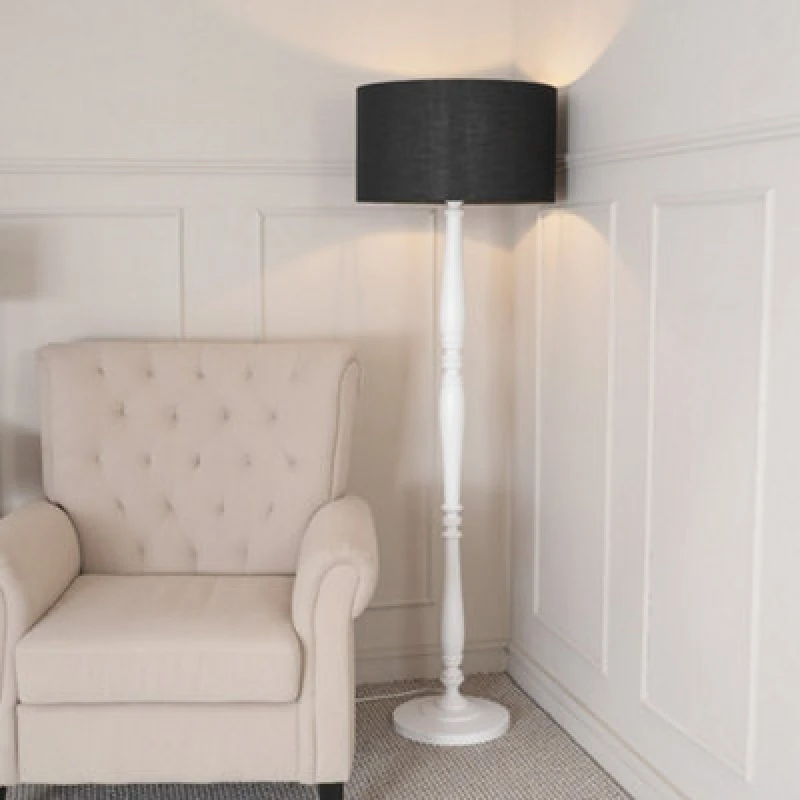 Image of ValueLights Victoria White Wood Traditional Stem Floor Lamp with Fabric Drum Shade Black