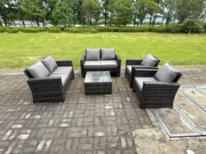Image of Fimous 6 Seater Outdoor Dark Grey Rattan Lounge Complete Sofa Set with Square Coffee Table Tempered Glass