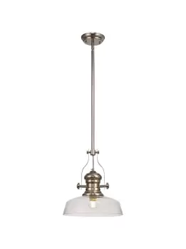 Image of Telescopic Dome Ceiling Pendant E27 With 30cm Flat Round Glass Shade, Polished Nickel, Clear