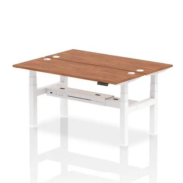 Image of Air Air Back-to-Back 1600 x 600mm Height Adjustable 2 Person Bench Desk Walnut Top with Cable Ports White Frame HASCP2P16600WNTW