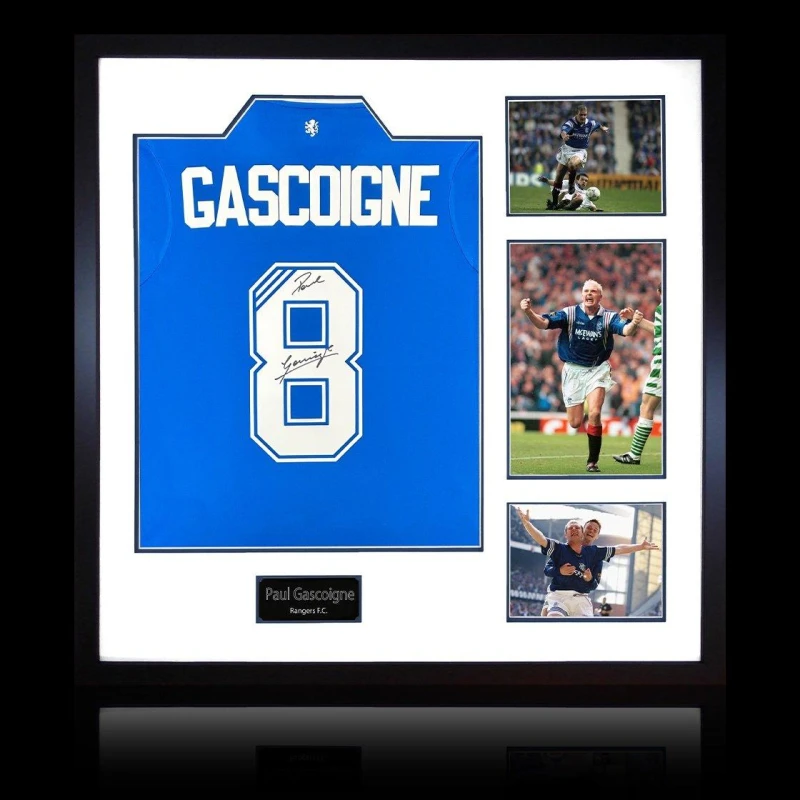 Image of The Fan Cave Paul Gascoigne Signed Rangers Shirt Elite Frame Blue unisex 820mm x 82