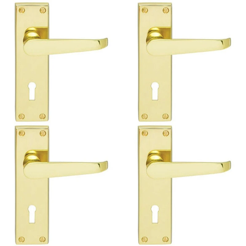 Image of Loops 4x PAIR Victorian Flat Lever on Lock Backplate Handle 150 x 42mm Polished Brass Metallics