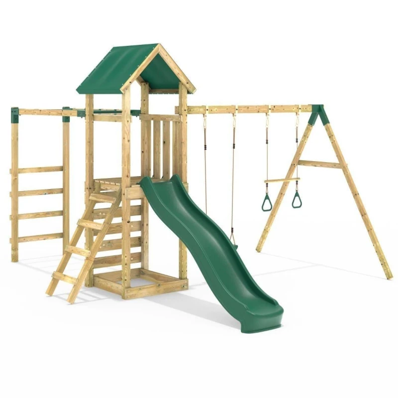 Image of Rebo Wooden Climbing Frame with Swing, Trapeze Bar, Monkey Bars and Slide - Logan Green Green