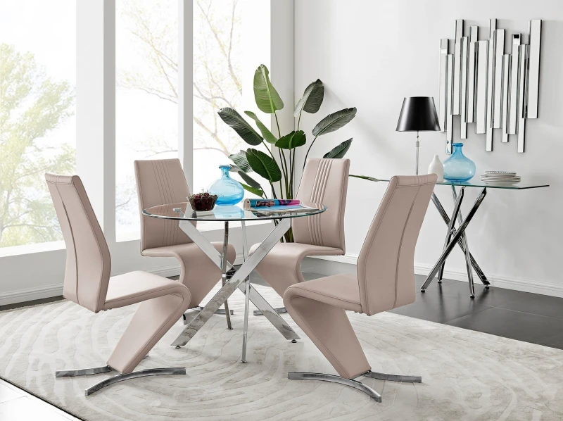 Image of FurnitureboxUK FurnitureboxUK Novara Round 100cm Chrome Metal And Glass Dining Table And 4 Willow Dining Chairs Set in Beige Beige One Size Unisex 505
