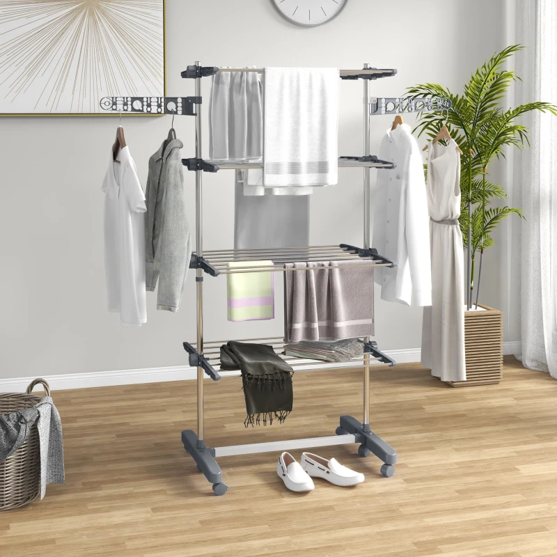Image of HOMCOM 3-Tier Large Clothes Airer Stainless Steel Clothes Drying Rack Grey - Grey TJ Hughes 5056725544812