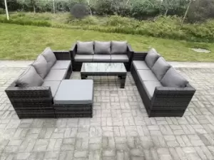 Image of Fimous 9 Seater Outdoor Rattan Lounge Complete Sofa Set with Oblong Rectangular Coffee Table and Big Footstool