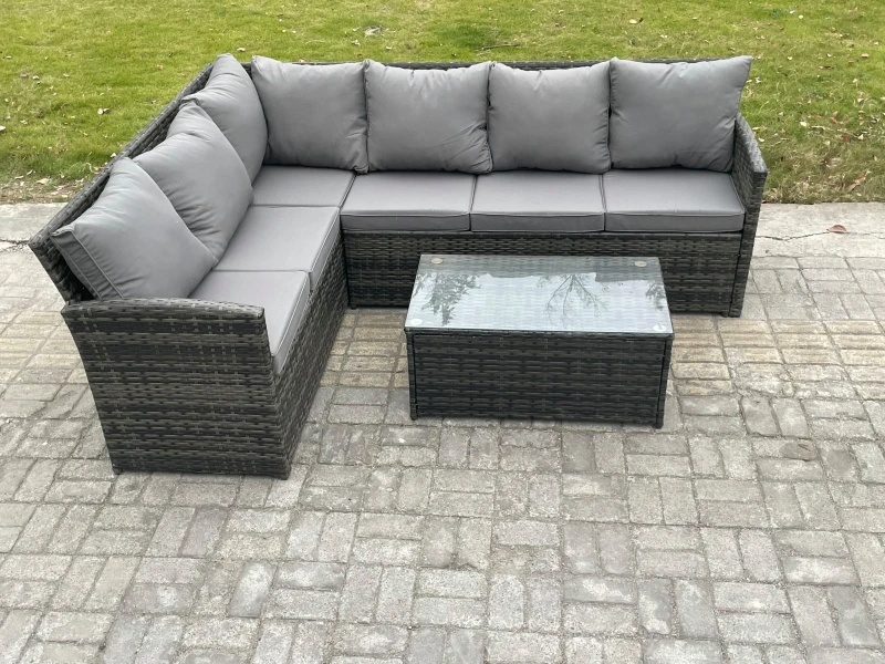 Image of Fimous Rattan Lounge Corner Sofa Set Wicker PE Outdoor Garden Furniture Set with Rectangular Coffee Table Dark Grey Mixed Dark Grey