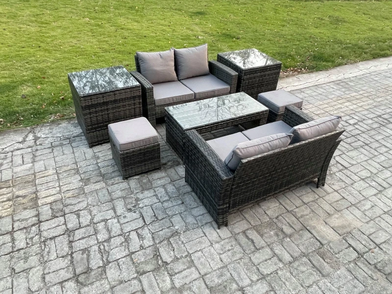 Image of Fimous High Back Rattan Garden Furniture Sofa Sets with Rectangular Coffee Table 2 Side Tables 2 Small Footstools Dark Grey Mixed Dark Grey Unisex
