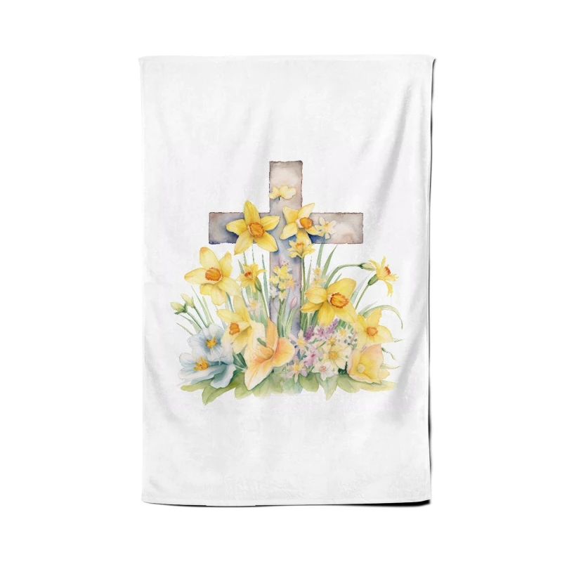 Image of Warren Reed - Designer Boho Watercolour, Easter Cross with Daffodils Tea Towel Multicolor Unisex