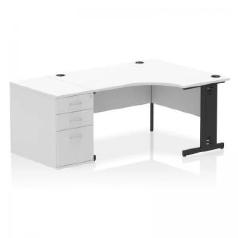 Image of Impulse Impulse 1400mm Right Crescent Office Desk White Top Black Cable Managed Leg Workstation 800 Deep Desk High Pedestal IWSRC148BCMWHT