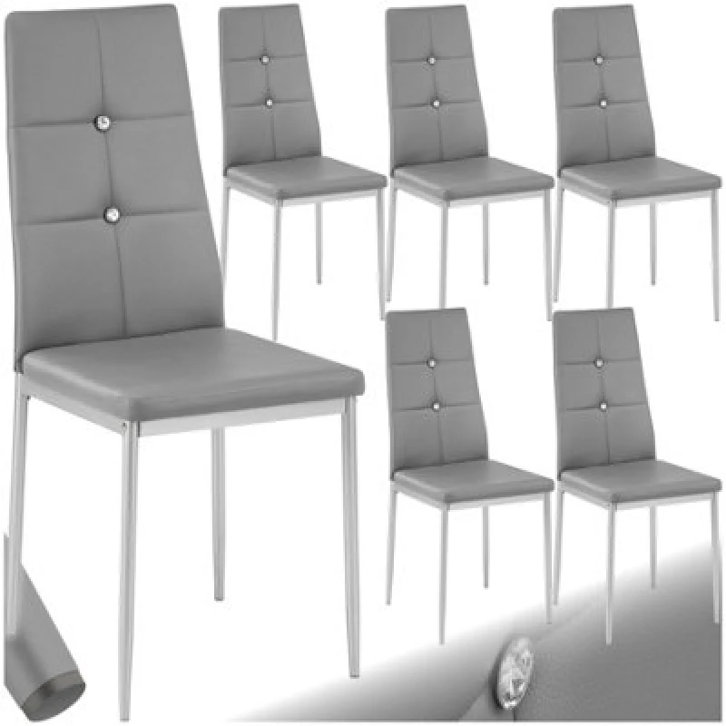 Image of Tectake Set Of 6 Dining Chair Set - High Backrest, Slim Steel Legs & Rhinestone Highlights - Grey