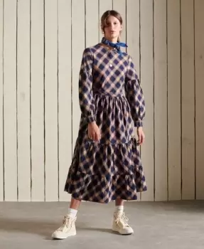 Image of Superdry Woven Long Sleeve Check Midi Dress