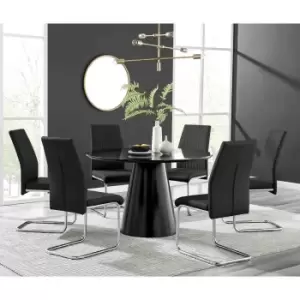 Image of Furniture Box Palma Black Semi Gloss Round Dining Table and 6 Black Lorenzo Chairs