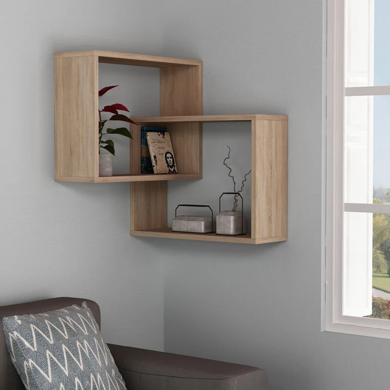 Image of DECORTIE Ring Corner Wall Mounted Modern Bookcase Display Unit Oak w 60cm Medium - Oak - Decortie M.KT.01.12705.9