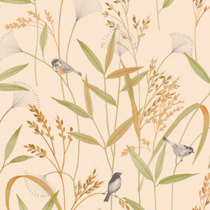 Image of Grandeco Azuria Birds And Grasses Textured Wallpaper Coral Blush