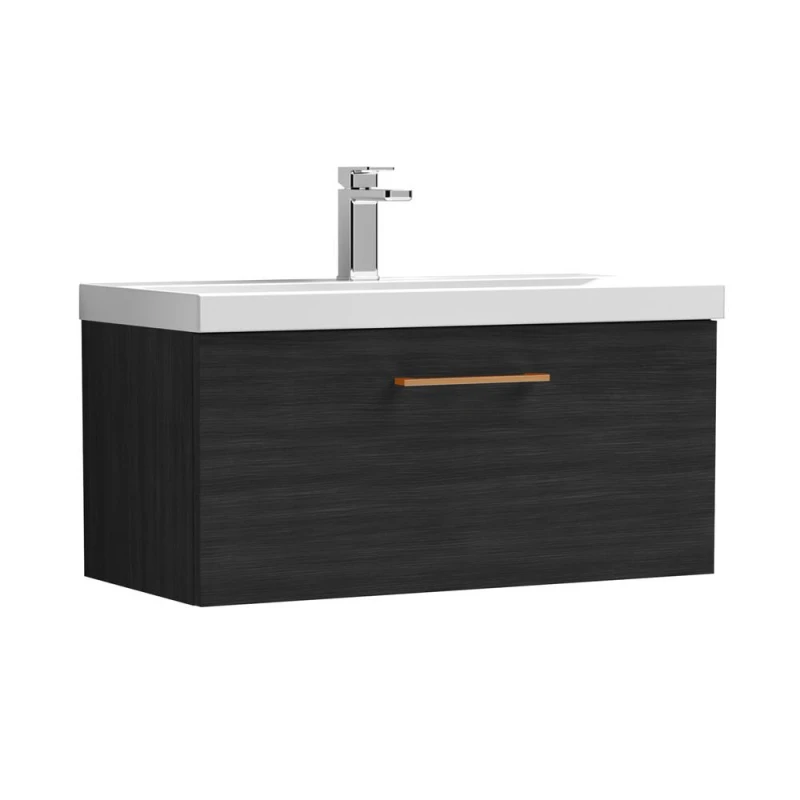 Image of Balterley 800mm Wall Hung 1 Drawer Vanity Unit, Woodgrain Black, Copper Handle in Black Unisex