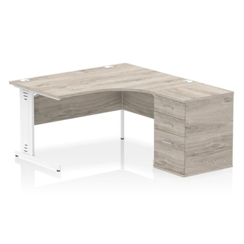 Image of Impulse Impulse 1400mm Right Crescent Office Desk Grey Oak Top White Cable Managed Leg Workstation 600 Deep Desk High Pedestal IWSRW146WGRY