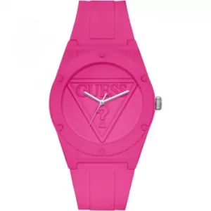 Image of GUESS Retro Pop cerise pink silicone watch with pink logo dial.
