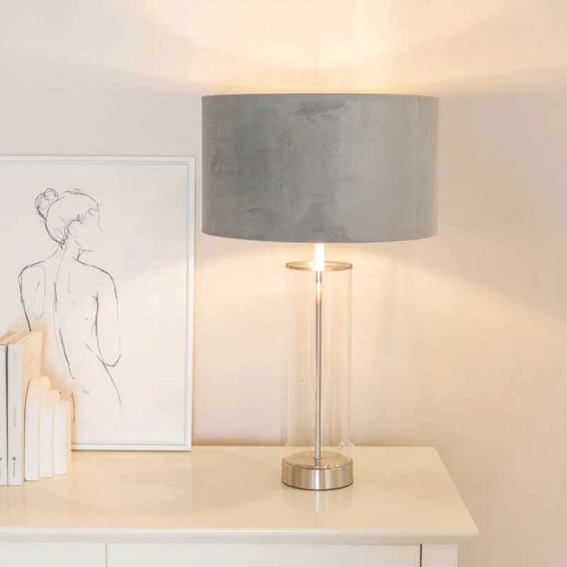 Image of ValueLights ValueLights Balan Glass with Chrome Table Lamp and Grey Velvet with Chrome Inner Lamp Shade Grey One Size Unisex 5059406061967