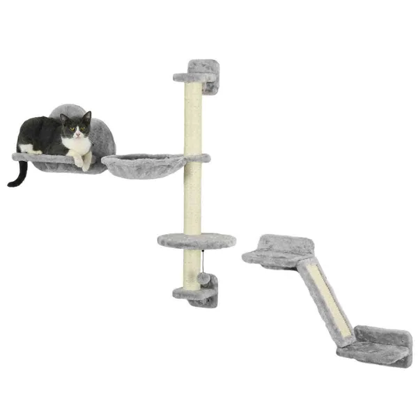 Image of PawHut Cat Wall w/ Hammock, Platforms, Ladder - Grey