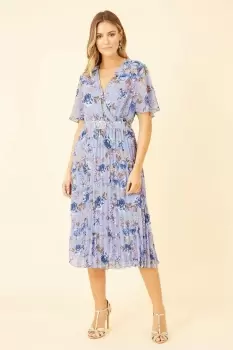 Image of Mela Lilac Floral Pleated Skater Dress With Gold Buckle