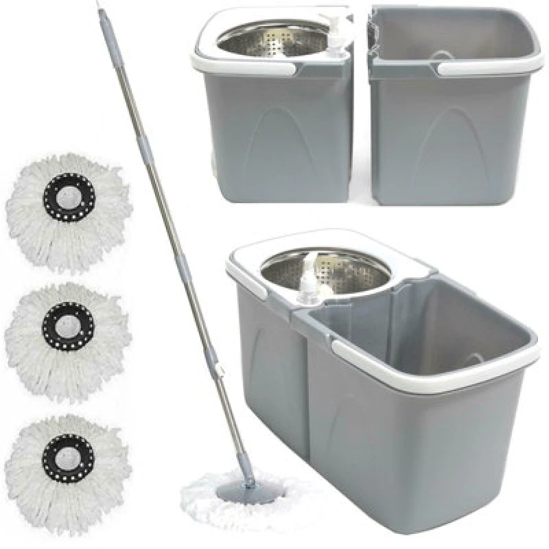 Image of Gr8 Home Grey Space Saving 360 Degree Rotating Dual Spin Dry Mop & Bucket 3 Microfibre Heads